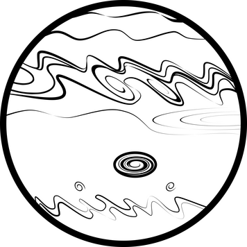 Black & white line art of Jupiter featuring curling clouds and the big red spot.