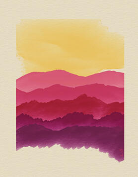 Minimalist watercolor of a sunrise over a mountain range, featuring the colors yellow, magenta, and purple.