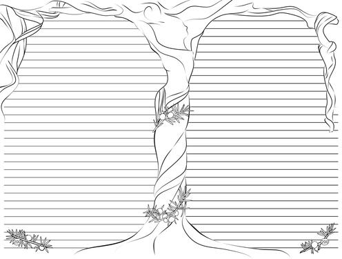 Line art of a juniper tree designed to look like a dryad over lined paper.