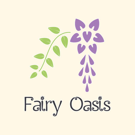 Cosmic latte (cream) colored square logo with a green and purple flower and the words Fairy Oasis