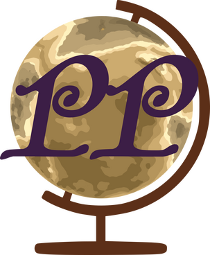 Sepia toned globe with two purple letters over it. PP